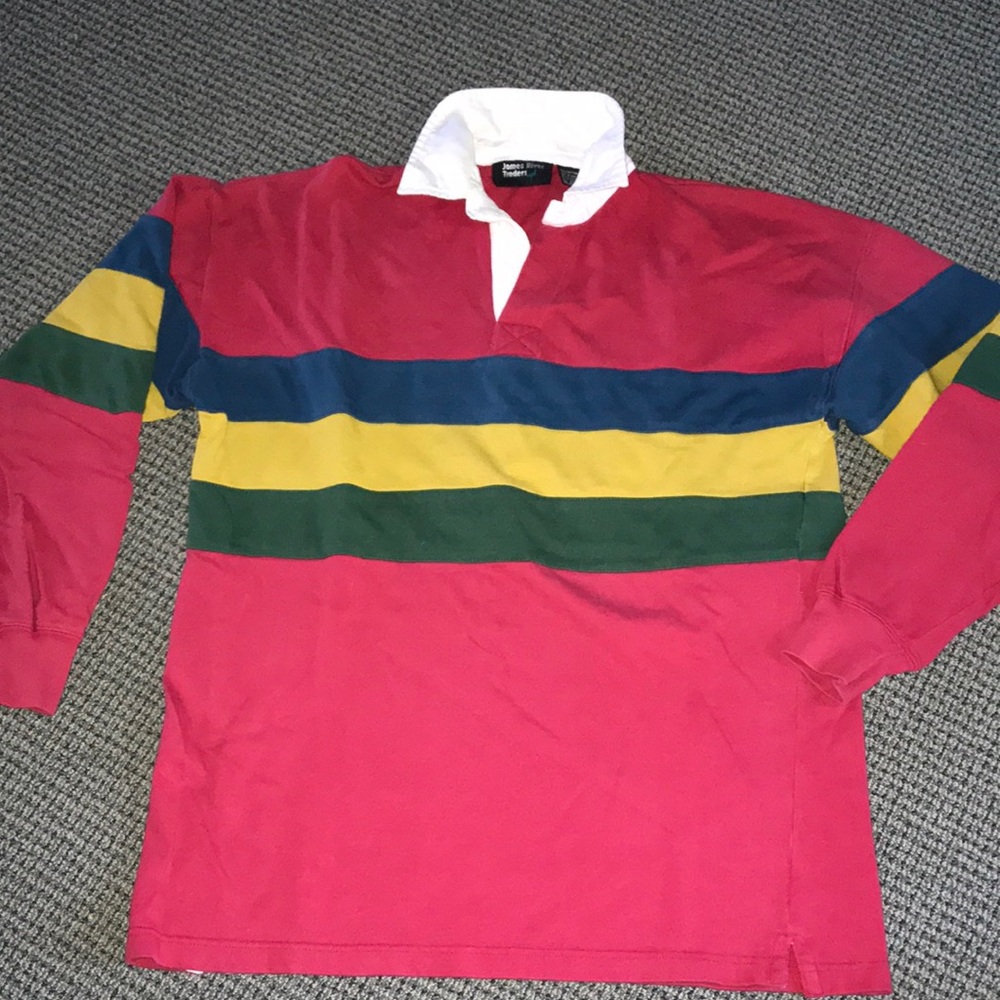 Classic Red Rugby Polo‎ with Multi-Stripe Chest
